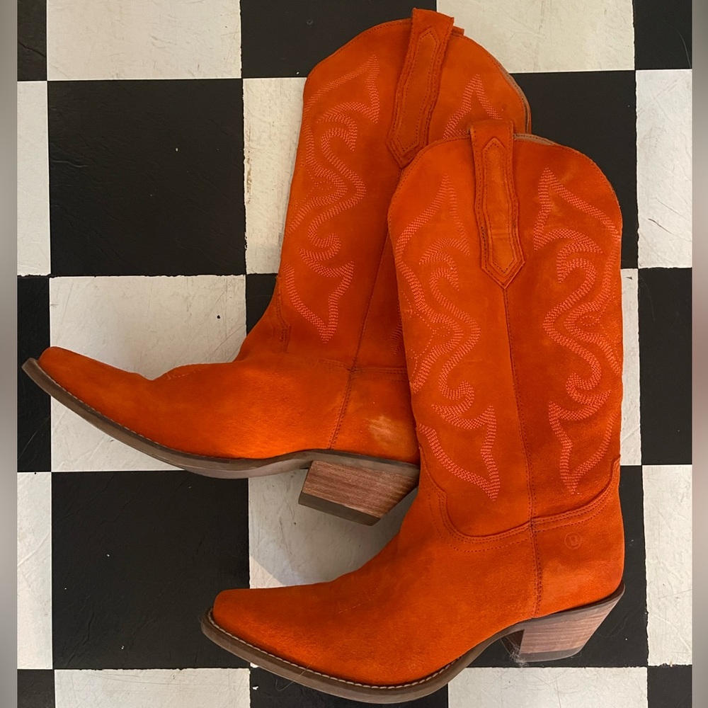 Orange suede cowboy boots
